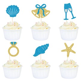 GXSOVSO Wedding Cupcake Toppers, Coastal Bachelorette Decor, Ocean Bridal Shower Party Decorations, Seashells Bells Wedding Party Decor, 24Pcs