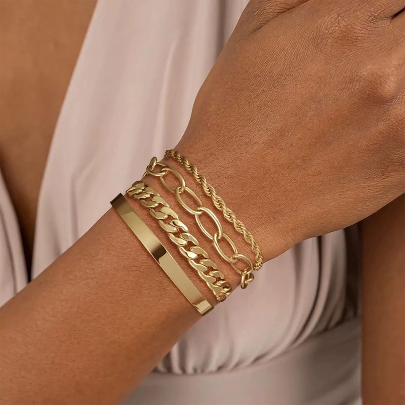 BelleVive 4 Piece 16K Chunky Gold Bracelets for Women, Waterproof,