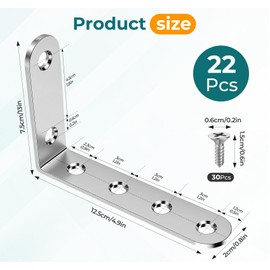 Anstore Set of 4 Stainless Steel Angle Connectors, 125 x 75 x 20 mm, Right Angle Stainless Steel Corner Brackets, Furniture Angle, 90 Degree L Brackets Angle Metal with 30 Screws for Furniture, Tables