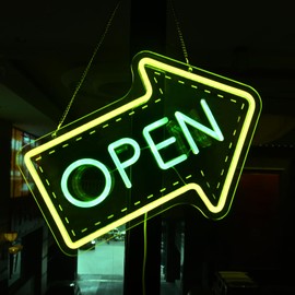 Planzo Open Neon Sign LED Beer Bar Open Neon Light for Wall Decor Light Up Sign for Home Pub Restaurant Business Party Man Cave Room Art Coffee Bistro USB Dimmable Yellow Green Indoor Use