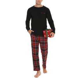 Vlazom Men's Pyjamas Sets Long-Sleeve Pj's Set Soft Loungwear Solid Top and Check Pant with Pockets D-Black,L