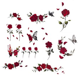 Nirbffo Temporary Tattoo Rose Red Flower for Women Body Arm Art Fake Fake Waterproof Tattoo Arm Hand Chest Shoulder Tattoo 11 Sheets