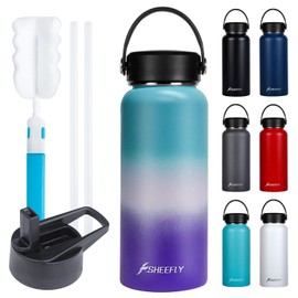 SHEEFLY Insulated Water Bottles, 32oz Vacuum Stainless Steel Water Bottle with Straw & 2 Lids Wide Mouth Metal Water Bottle Leak Proof BPA Free Insulated Sports Water Bottles Keep Hot & Cold (Color)
