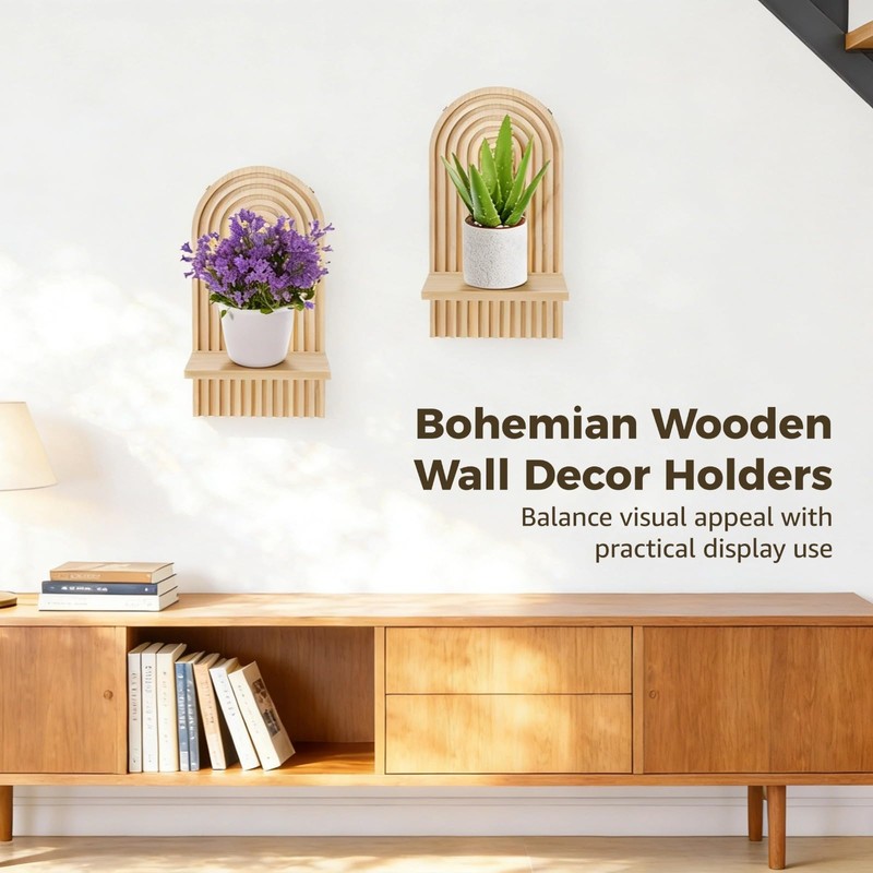2 PCS Boho Wall Candle Sconces, Arched Wood Boho Wall