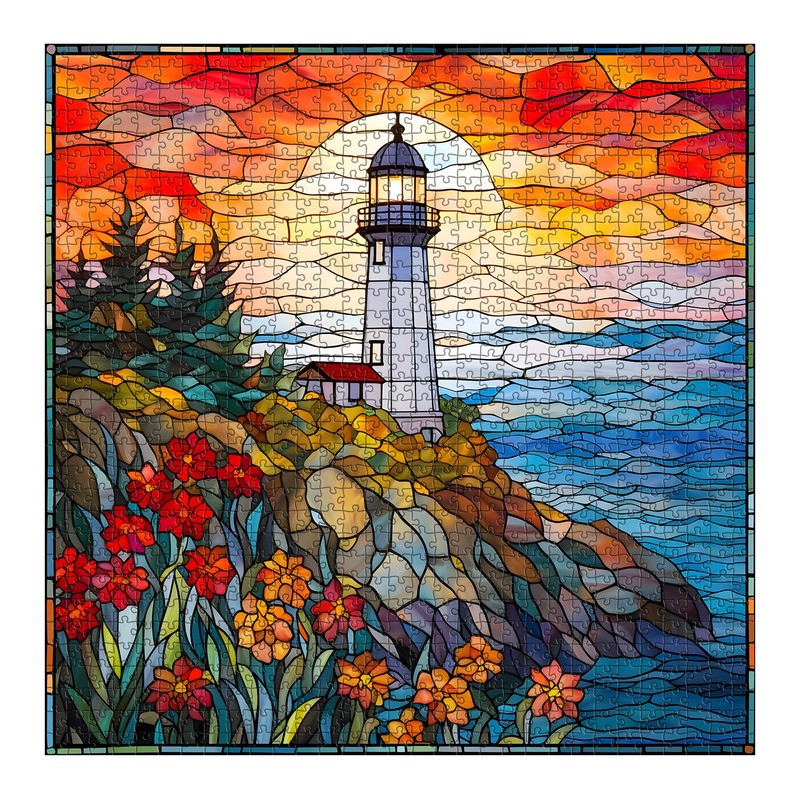 Stained Glass Lighthouse Puzzles for Adults 1000 Piece, Mosaic Beach