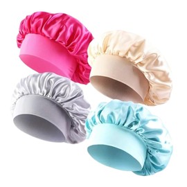 Boolavard 4 Pack Silk Bonnet for Sleeping Women Satin Bonnet Double Layer Satin Lined Hair Bonnet (CA/US, Alpha, One Size, Rose Red+Khaki+Silver+Mint Green)