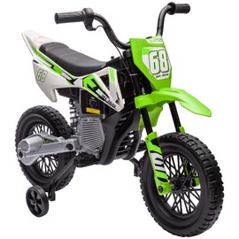 Qaba Kids Dirt Bike with Twist Grip Throttle, 12V Electric Motorcycle, Electric Bike for Toddler with Training Wheels, Rear Suspension & Music, Green
