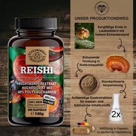 Reishi Capsules - 1950 mg per daily dose - IMPORTANT: 5:1 extract (= 9.750 mg Reishi per dose) + Vitamin C for maximum bioavailability I 40% bioactive polysaccharides I laboratory tested I from DE I Schunengut®