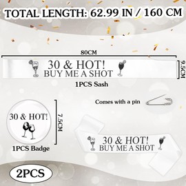 30th Birthday Decorations Sash for Women - Black and White 30th Hot Sash with Button Badge, Happy 30 Years Old Birthday Party Decoration for 30th Fabulous Women