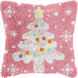 QIONG MENG Latch Hook Kits for Adults, DIY Pink Christmas Tree Pattern Pillow Cover Kit Needlework Cushion Cover Hand Craft Crochet for Home Sofa Decorations 17 x 17 Inch