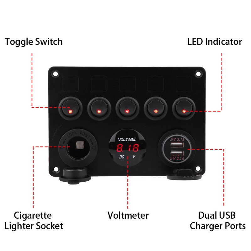 12-24V 5 Gang On/Off Toggle Switch Panel Dual USB Voltmeter