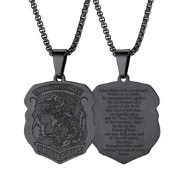 FaithHeart Archangel Michael Necklace, St Michael Necklace for Women, Stainless Steel Mens Saint Protective Patron, Can Engrave - Black
