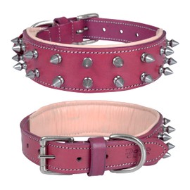 DowgClub | Genuine Leather Spike Dog Collar | Full Grain, Heavy Duty | Padded, Comfortable, Strong, Best for Large, X-Large Breeds | 2" Wide (M (Fit Neck Size 14.5"-18.5"), Pink - Silver Spikes)