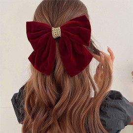 Jugielu Vintage Velvet Satin Bow Hairclips Red Velvet Bow Hair Barrettes Red Satin Bow Hair Clips French Ribbon Bowknot Hair Clips Large Bow Hair Accessories for Women Headdress