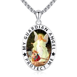 YueYuan Guardian Angel Necklace 925 Sterling Silver Guardian Angel Protect Me Pendant Oval Angel Charm Necklace Catholic Jewellery Gift for Men Women