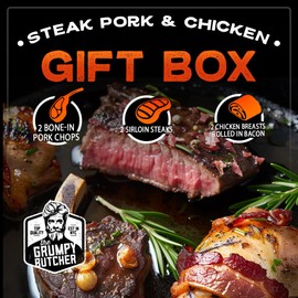 Grumpy Butcher Box Meat Gift in Treasure Chest: 2 Top Sirloins Steaks (6 oz), 2 Duroc Bone-in Pork Chops (16 oz) and 2 Bacon-Wrapped Chicken Breasts (8 oz) - Gifts for Men Who Have Everything