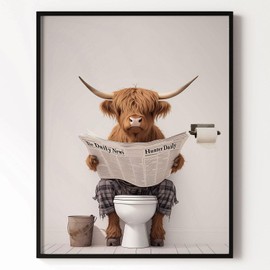 Funny Highland Cow Wall Art, Rustic Farmhouse Bathroom Wall Art Picture, Humor Animals Artwork Prints for Bathroom Kitchen Home Decor (11x14 inch Print Unframed)