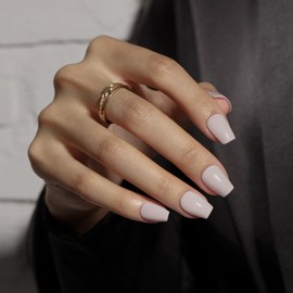 KQueenest Light Gray Press On Nails Short Coffin - Acrylic Press On Nails with Glue, Ballerina Medium Fake Nails Press ons, Glossy Nude Brown, Reusable Soft Gel Glue on Nails for Women, 30 Pcs