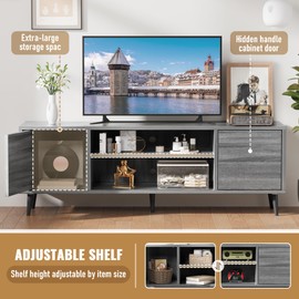 Flamaker Mid Century Modern TV Stand for 65 inch TV, Entertainment Center with Storage, Media Console with Sturdy Legs, Push-to-Open Cabinets, Wooden Living Room Furniture, Bright Gray