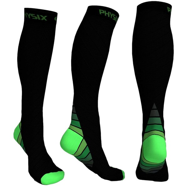 Physix Gear Sport Calcetines de compresión, los mejores calcetines compresión mujer y hombre para el dolor de pies y gemelos, medias de compresión hombre y mujer, 1 par, L/XL, negro/verde