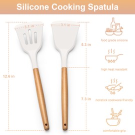 E-far Silicone Spatula Turner, 2 Pack Heat Resistant Kitchen Spatulas for Nonstick Cookware, Rubber Solid Slotted Spatula Cooking Utensils for Fish, Eggs, Pancakes (White)