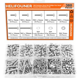 HELIFOUNER 380 Pieces M4 x 5mm /6mm /8mm /10mm /12mm /16mm /20mm, Phillips Pan Head Machine Screws, Metric Screws Bolts Washers Nuts Kit, 304 Stainless Steel