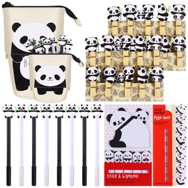 HAOWANWW 21 Pcs Panda Standing Pencil Case Set 8 Pcs Panda Pens Panda Pencil Pouch Case Panda Notepad Panda Stickers 10 Pcs Cute Wooden Panda Clips Panda Gifts for Girls Office School Supplies