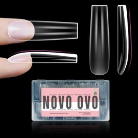NOVO OVO Sculpted XXL Square Nail Tip for Curved Nails, Extra Thick Long False Nails Press on, Full Cover Soft Gel Extension Fake Nail for Acrylic kit, Clear X 15 Sizes 300pcs