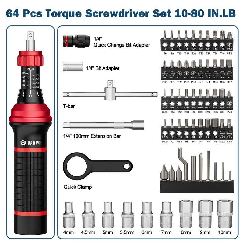 VANPO 1/4" Torque Screwdriver Set, 64 Pieces 10–80 in-lb Inch