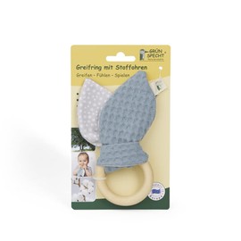 GRÜNSPECHT Gripping Ring with Fabric Ears, Wooden Ring with Washable Fabric Ears Made of 100% Cotton, for Sensing and Touch, Gift Toy Baby, Petrol (571-V3)