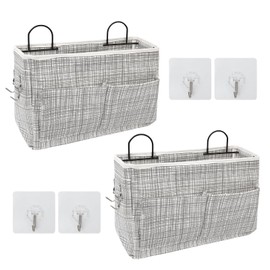 Surblue Wall Hanging Storage Bag with Sticky Hook, Closet Hanging Storage Baskets with Pockets, Waterproof Linen Cotton Organizer Box Containers for Bathroom Kitchen Dormitory Bedroom,2Pcs,Gery