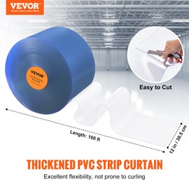 VEVOR Strip Curtain, 100' Length x 12" Width x 0.12" Thickness, Clear PVC Smooth Curtain Strip Door Bulk Roll, Plastic Door Strips for Doorway of Supermarket, Garage, Warehouse, Barn, Pet Animal House