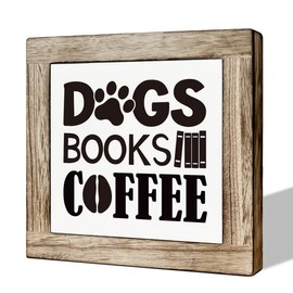 Dogs Books Coffee Sign, Pet Decor Sign, Wooden Box Signs for Home Decor, Rustic Wood Sign, Modern Farmhouse Decor for Table, Bookworm Gift, Book Store Decor, Coffee Bar Decoration, Cafe Decor Art
