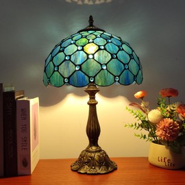 XPHMXP Tiffany Table Lamp Stained Glass Antique Bedside Nightstand Lamp Blue Pearl Style Small Antique Desk Light for Bedroom Living Room Home Office,3-Color LED Bulb Include