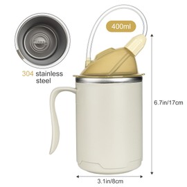 VOPHIA Senior Water Cup Sippy Cups for Elderly, 13.5oz Spill Proof Cup, Stainless Steel Sippy Cup with Lids, No Spill Feeding Cups for Patient Disabled Maternity Drink Water Milk Soup (Beige)