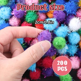oruola 200pcs 2cm Glitter Pom Poms,Pom Poms Craft,Multicolor Sparkly Pom Poms for Arts and Crafts,Fluffy Small Pompoms for Crafting DIY Decorations,Soft Cat Toy Balls with Tinsel Fluff Indoor Pompom