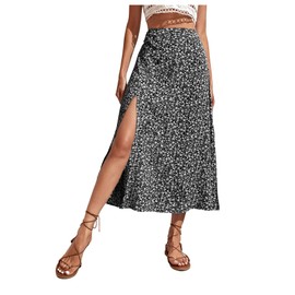 GORGLITTER Women's Boho Floral a line Flared Skirt High Waisted Split Thigh Flowy Midi Skirts Black and White X-Large