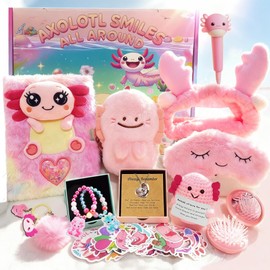 Axolotl Gift Set for Girls - Cute Axolotl-Themed Toy Box with Fluffy Diary, Stickers,Pen, Crocheted Stuffed Animal, Pink Purse, Necklace, Keychain, and More Axolotl Stuff - Birthday Gifts for Kids