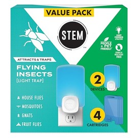 STEM Flying Insect Trap - Indoor Fruit Fly & Gnat Catcher for Home, Kitchen & Any Room, Attracts & Traps Bugs, Soft Blue UV Light - Includes 2 Plug-In Devices & 4 Cartridges