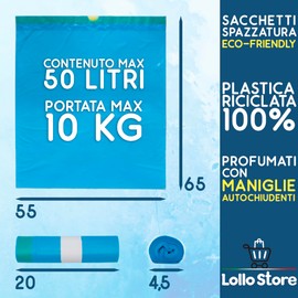 60 Bags 55 x 65 cm Blue Talc Scented 40 Litre Odour Resistant Bin Liners with Pull & Close Handles, Waste Separation Bin Liners, High Density Polyethylene Bin Liners