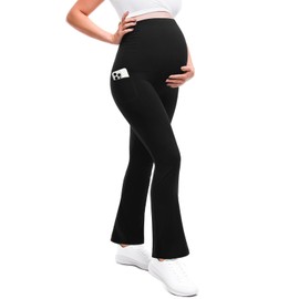 Leafigure Maternity Flare Leggings with Pockets Over The Belly Yoga Pants for Workout Soft Pregnancy Activewear Black L