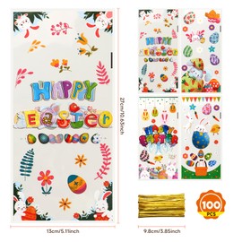 PintreeLand Easter Treat Bags 50PCS with Gold Twist Ties, Cellophane Candy Goodie Cooikes Gift Bags with Bunny Design for Party Favor Supplies