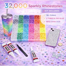 KCZ GROUP - Diamantes de imitación de resina tipo jalea de 40 colores para manualidades, gemas de base plana de 3 mm, 32000 piezas con pegamento B7000, kit de decoración con brillantes para ropa