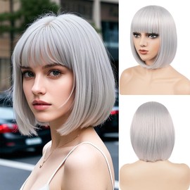 BATISI Silver Bob Wig for Women Short Bob Wigs Straight Flat Bangs Synthetic Costume Cosplay Daily Party Neon Wig 12 Inch
