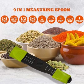 Performore Adjustable Measuring Spoon (Green, Black) with Double End Adjustable Scale, 9 Stalls All in One Measuring Spoon, Wide Range of Measurements, Dry and Semi-Liquid Ingredients
