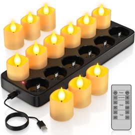 PChero Rechargeable Flameless Candles with Remote Timer & Charging Base, 12 Pack Votive Candles Battery Operated Tea Lights Flickering, LED Tealights for Home Wedding Halloween Fall Christmas Decor