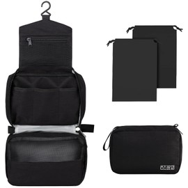 Larkumio Toiletry Bag Men Women Hanging Toiletry Bag Wash Bag Cosmetic Bag Men Wash Bag Toilet Bag Large with Handles, 1 Toiletry Bag + 2 Drawstring Bags, black