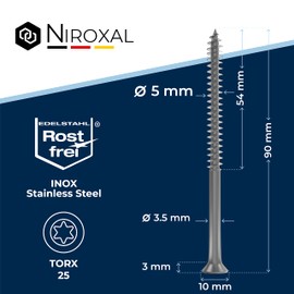 Torx Screws, Stainless Steel Screws 5x90, V2A Stainless Steel, Rustproof, Chipboard Screws, Partial Thread, 5 mm Thick, 90 mm Long, Pack of 4, Wood Screws, A2