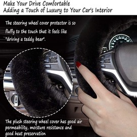 Fluffy Steering Wheel Covers Set Non-Slip Interior Accessories Fuzzy Winter Warm Wrap Universal Fits Car Truck Jeep 38CM with Gear Shift Cover Handbrake Cover Beige Red for Women Men (black)