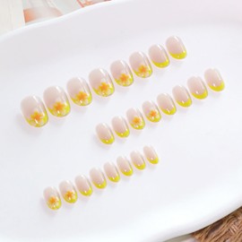 Beach Press on Nails Almond Fake Nails Yellow with Flower designs Short Round Acrylic Nails Glossy Full Cover French Tip Press ones False Nails Summer Glue on Nails for Women DIY Manicure24pcs
